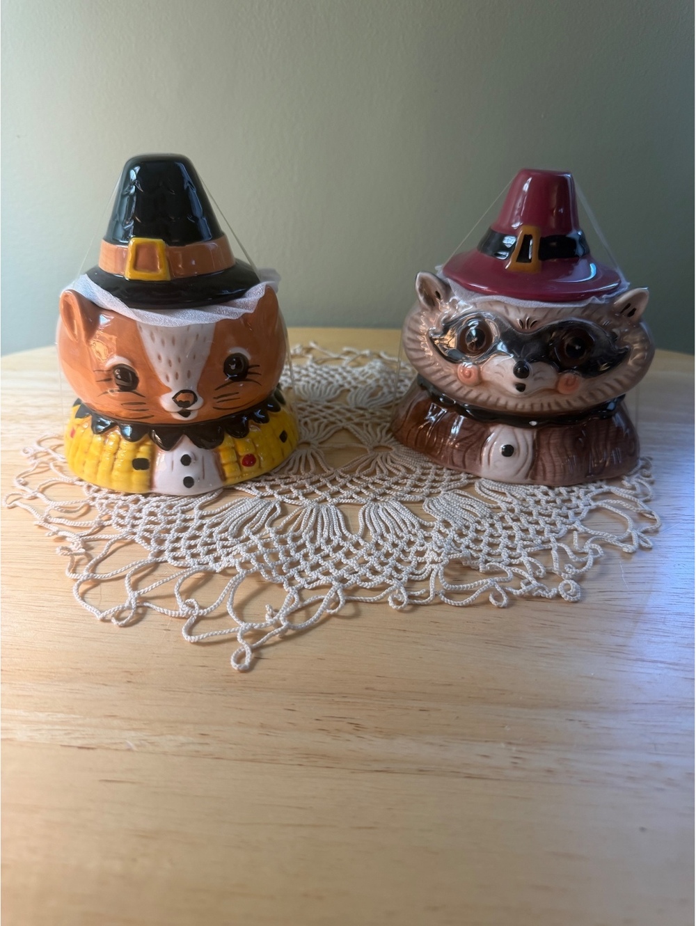 Johanna Parker Pilgrim Fox and Raccoon Ceramic Figurines Set